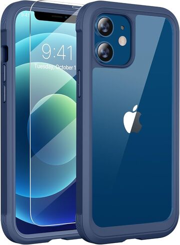 Designed for iPhone 12 Case and iPhone12 Pro Case, [Never Yellowing], 2 X 9H Screen Protector, Shockproof Protection Full-Body Bumper Phone Case Cover for 12/12 Pro (Dark Blue) in Saudi Arabia