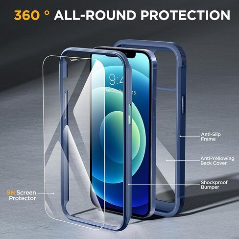 Designed for iPhone 12 Case and iPhone12 Pro Case, [Never Yellowing], 2 X 9H Screen Protector, Shockproof Protection Full-Body Bumper Phone Case Cover for 12/12 Pro (Dark Blue) in Saudi Arabia