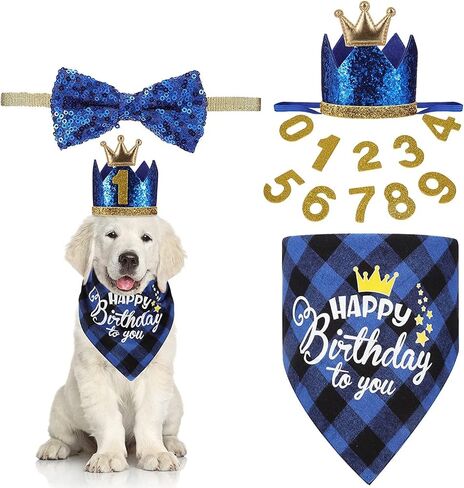 Boy Dog Birthday Bandana Hat Bow Tie Pet Party Supplies Birthday Decorations Triangle Bibs for Small Medium Male Dogs Cats Blue in Saudi Arabia