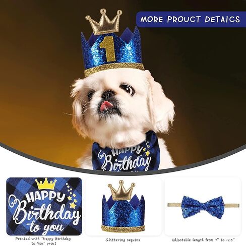 Boy Dog Birthday Bandana Hat Bow Tie Pet Party Supplies Birthday Decorations Triangle Bibs for Small Medium Male Dogs Cats Blue in Saudi Arabia