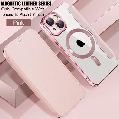 CcacHe for iPhone 15 Plus Case,Magnetic Leather [Compatible with Magsafe] Card Slot Flip Folio Wallet Shockproof Drop Protection Phone Case for iPhone 15 Plus 6.7 Inch (Pink) in Saudi Arabia