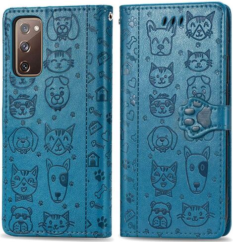 MEUPZZK Wallet Case for Samsung Galaxy S20 FE (5G), Embossed Cat and Dog Premium PU Leather [Folio Flip] [Kickstand] [Card Slots] [Wrist Strap] [6.5 inch] Cover for Samsung S20 FE (C-Blue) in Saudi Arabia