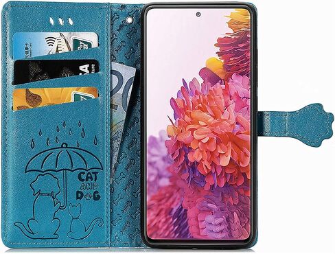 MEUPZZK Wallet Case for Samsung Galaxy S20 FE (5G), Embossed Cat and Dog Premium PU Leather [Folio Flip] [Kickstand] [Card Slots] [Wrist Strap] [6.5 inch] Cover for Samsung S20 FE (C-Blue) in Saudi Arabia