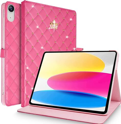 for iPad Mini 6 Case (8.3 inch, 2021),Cute Crown Bling Diamond Rhinestone Elegant PU Leather Smart Auto Sleep/Wake Stand Shockproof Case for Apple iPad Mini 6th Generation 8.3 inch (Hot Pink) in Saudi Arabia