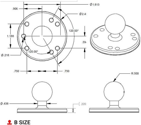 RAM MOUNTS Round Plate Ball Base with B Size 1" Ball, 4-Hole AMPS | Marine-grade aluminum mounting base, compatible with RAM Mounts holders and arms in Saudi Arabia