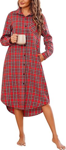 Ekouaer ثوب نوم نسائي منقوش من الفلانيل دافئ قطن عيد الميلاد ثوب نوم قميص نوم بأزرار أمامية قميص نوم ملابس نوم in Kuwait