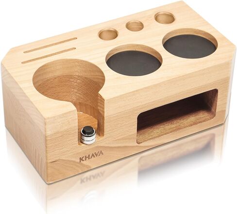 KHAVA Espresso Tamping Station | Wooden Coffee Tamper Station 51-54 mm | Espresso Organizer & Portafilter Holder | Coffee Station Organizer for Countertop | Espresso Accessories for Coffee Bar, Brown in Saudi Arabia