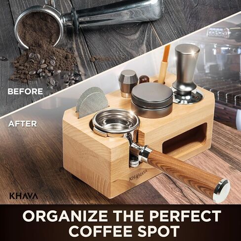 KHAVA Espresso Tamping Station | Wooden Coffee Tamper Station 51-54 mm | Espresso Organizer & Portafilter Holder | Coffee Station Organizer for Countertop | Espresso Accessories for Coffee Bar, Brown in Saudi Arabia