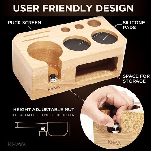 KHAVA Espresso Tamping Station | Wooden Coffee Tamper Station 51-54 mm | Espresso Organizer & Portafilter Holder | Coffee Station Organizer for Countertop | Espresso Accessories for Coffee Bar, Brown in Saudi Arabia
