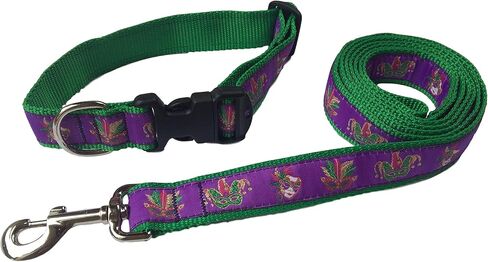 Preston Mardi Gras Dog Collar and Leash Set in Purple Ribbon on Green Nylon Webbing (Small) in Saudi Arabia