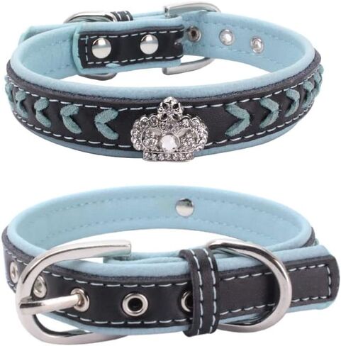 Braided Soft Padded Genuine Leather Dog Collar, Rhinestone Crown & Stylish Braided Dog Collar, Fits Small Medium Large Breeds (S:27-33 cm, Red) in Saudi Arabia