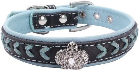 Braided Soft Padded Genuine Leather Dog Collar, Rhinestone Crown & Stylish Braided Dog Collar, Fits Small Medium Large Breeds (S:27-33 cm, Red) in Saudi Arabia