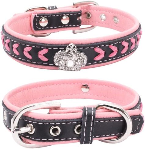 Braided Soft Padded Genuine Leather Dog Collar, Rhinestone Crown & Stylish Braided Dog Collar, Fits Small Medium Large Breeds (S:27-33 cm, Red) in Saudi Arabia