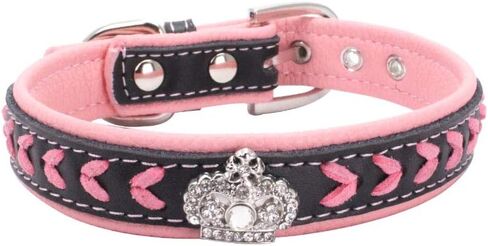 Braided Soft Padded Genuine Leather Dog Collar, Rhinestone Crown & Stylish Braided Dog Collar, Fits Small Medium Large Breeds (S:27-33 cm, Red) in Saudi Arabia