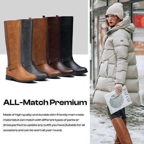 Women's Knee High Riding Boots, Low Heel Tall Boots with Zipper | Retro dress style, Stretch panel, Block heel, Round toe comfort, Adjustable buckle detail, Work casual outfits in Kuwait