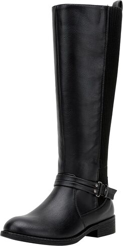 Women's Knee High Riding Boots, Low Heel Tall Boots with Zipper | Retro dress style, Stretch panel, Block heel, Round toe comfort, Adjustable buckle detail, Work casual outfits in Kuwait