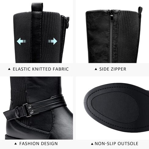 Women's Knee High Riding Boots, Low Heel Tall Boots with Zipper | Retro dress style, Stretch panel, Block heel, Round toe comfort, Adjustable buckle detail, Work casual outfits in Kuwait