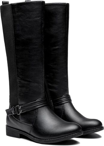Women's Knee High Riding Boots, Low Heel Tall Boots with Zipper | Retro dress style, Stretch panel, Block heel, Round toe comfort, Adjustable buckle detail, Work casual outfits in Kuwait