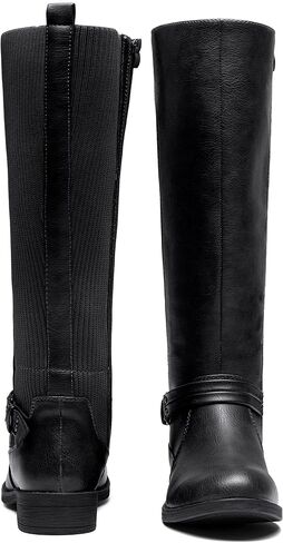 Women's Knee High Riding Boots, Low Heel Tall Boots with Zipper | Retro dress style, Stretch panel, Block heel, Round toe comfort, Adjustable buckle detail, Work casual outfits in Kuwait