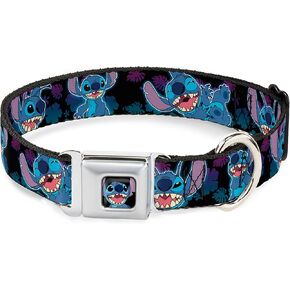 Disney Pet Collar, Dog Collar Metal Seatbelt Buckle, Stitch Expressions and Poses Tropical Black Purple Blue Fade, 15 to 24 Inches 1.0 Inch Wide