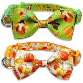Thanksgiving Fall Harvest Dog Collar with Bow Tie, Holiday Turkey and Pumpkin Collar for Small Medium Large Dogs Pets Puppies (Large)