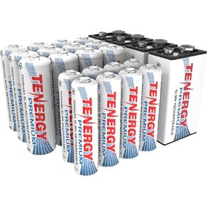 Tenergy Premium High Capacity NiMH Rechargeable Battery Combo, Includes 12xAA 8xAAA 4x9V Rechargeable Batteries, 24 Pack