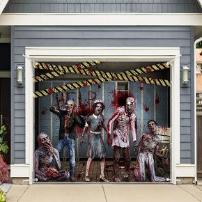 1PC 16x7ft Halloween Zombie Garage Door Banner Decorations Spooky Hospital Huanted House Photography Backdrop Home Outdoor Wall Cover Bloody Party Supplies