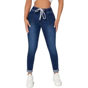 CME SHOWU High Waisted High Waisted Elastic Waist Jean Joggers for Women Stretch Loose Denim Pants with Drawstring