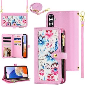 Floral Wallet Case for Samsung Galaxy A14/M14 5G with Wrist Strap Shoulder Strap Flip Zipper Purse, Luxury PU Leather Card Holder Stand Accessories Cell Phone Cover for A 14 4G 14A 14M G5 Pink