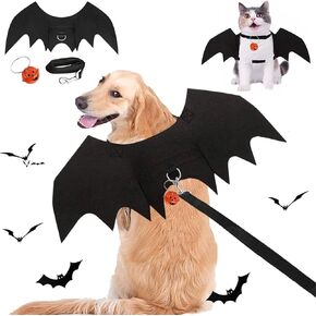 Dog Bat Wings Costume Halloween Pet Costume 3PCS Funny Cat Dog Wings with Leash Pumpkin Jingle Bell Cosplay Bat Clothes for Small Medium Large Dogs Puppy Holiday Outfit Dress (Bat Wings, Medium)