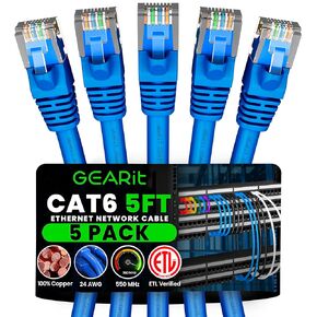 كابل توصيل Ethernet RJ45 Cat 6 من GearIT (حزمة من 5) للتلفزيون، والمودم، وألعاب الكمبيوتر، بسرعة 10 جيجابت في الثانية، وموصلات مطلية بالذهب، بدون مشبك، وكابل الشبكة، وكابل الإنترنت، 5 أقدام، أزرق in Kuwait