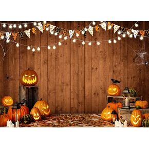 LYCGS 7X5FT Halloween background Halloween Themed Pumpkin Lantern Photography Backdrop Rustic Wood Background Spider web horror nightmare Party Decoration X-54