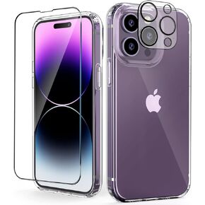 حافظة OKP (3 في 1 لهاتف iPhone 14 Pro Max، مع واقي شاشة/واقي عدسة الكاميرا، نمط زهور لطيف، غطاء خلفي صلب نحيف لامع لامع مقاس 6.7 بوصات للنساء والفتيات، زهور أرجوانية