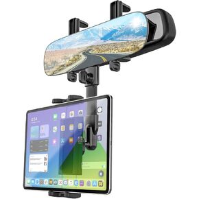 Rear View Mirror Tablet Holder for Car with Extra 11.6'' HD Rear Mirror, Metal Telescopic Arm Rearview Mirror Car Tablet Mount, Rear View Mirror Phone Holder for 4-13" ipad Mini Air, iPhone
