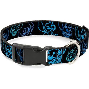 Disney Pet Collar, Dog Collar Plastic Buckle, Electric Stitch Poses Black Neon Blue, 15 to 24 Inches 1.0 Inch Wide