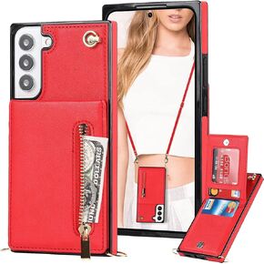 Crossbody Wallet Case for Samsung Galaxy S22 5G with Card Holder, Purse Cover Removable Cross Body Strap for Samsung Galaxy S22 5G Zipper Case Black