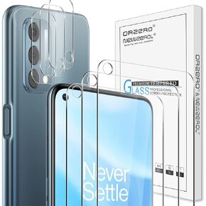 Orzero (3+3) Compatible for OnePlus Nord N200 5G, 3 Pack Screen Protector + 3 Pack Camera Lens Protector (Tempered Glass) 9 Hardness HD Bubble-Free