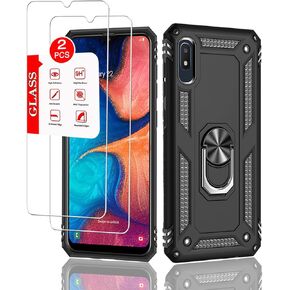 for Samsung Galaxy A10e Case with [2 Pack] Tempered Glass Screen Protector, Galaxy A10e Heavy Duty Armor [Military-Grade] Protective，with Magnetic Kickstand Car Mount Holder Phone Case (Black)