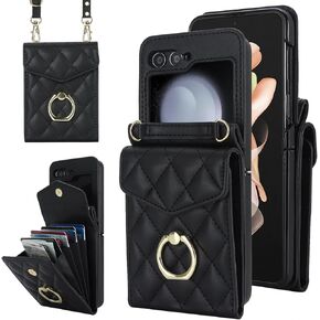 for Samsung Galaxy Z Flip 5 Wallet Phone Case with Ring and Adjustable Crossbody Strap, Stylish and Muti-funtional Accordion Style Flip Case with 4 Card Slots .(Purple)