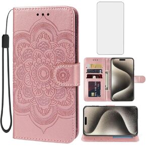 Case for iPhone 15 Pro Max Case, Apple 15 Pro Max Wallet Case with Tempered Glass Screen Protector, Mandala Leather Flip Credit Card Holder Stand Phone Cover for iPhone 15 Pro Max Brown
