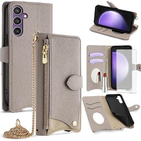 Asuwish Phone Case for Samsung Galaxy S23 FE 5G Wallet Cover with Tempered Glass Screen Protector and Mirror PU Leather Flip Cover Card Holder Slot Stand Crossbody Strap Cell S 23 EF S23FE 23S Black