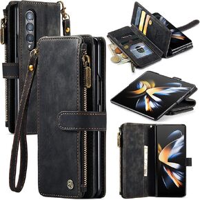 UEEBAI Wallet Case for Samsung Galaxy Z Fold 5 5G, Premium Handmade PU Leather Phone Case Card Slots Magnetic Closure Zipper Pocket Kickstand Flip Case with Hand Strap - Vintage Black
