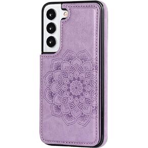 LMDAMZ for Galaxy S22 6.1 Inch Wallet Case with Card Holder, Mandala Embossed Faux PU Leather with Wrist Strap Double Magnetic Clasp Case Flip Back Wallet Case with Stand Function (Purple)
