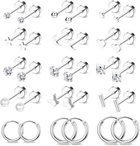 Florideco Small Tiny Stud Earrings for Women Men Stainless Steel Stud Earrings Sets CZ Heart Moon Star Flatback Earrings Cartilage Hoop Earrings in Kuwait
