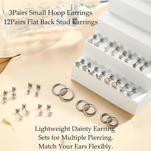 Florideco Small Tiny Stud Earrings for Women Men Stainless Steel Stud Earrings Sets CZ Heart Moon Star Flatback Earrings Cartilage Hoop Earrings in Kuwait