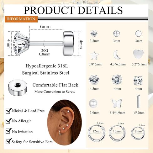 Florideco Small Tiny Stud Earrings for Women Men Stainless Steel Stud Earrings Sets CZ Heart Moon Star Flatback Earrings Cartilage Hoop Earrings in Kuwait