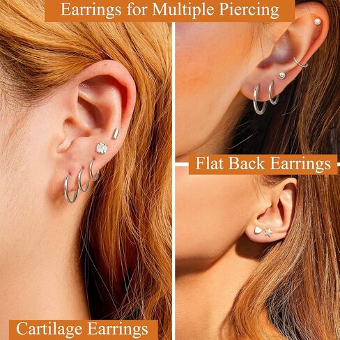 Florideco Small Tiny Stud Earrings for Women Men Stainless Steel Stud Earrings Sets CZ Heart Moon Star Flatback Earrings Cartilage Hoop Earrings in Kuwait