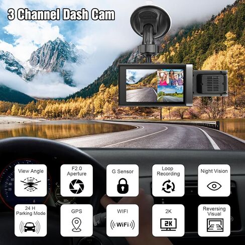 3 Channel Dash Cam Front and Rear Inside,2K QHD Dash Camera Built-in GPS,Triple Car DVR Dashcam Video Recorder with WDR, WiFi, Night Vision, G-Sensor, Loop Recording, 24H Parking Mode in Saudi Arabia