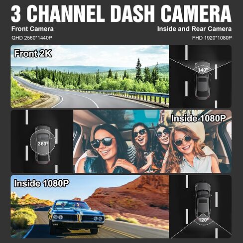 3 Channel Dash Cam Front and Rear Inside,2K QHD Dash Camera Built-in GPS,Triple Car DVR Dashcam Video Recorder with WDR, WiFi, Night Vision, G-Sensor, Loop Recording, 24H Parking Mode in Saudi Arabia