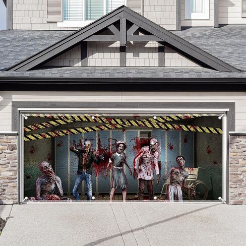1PC 16x7ft Halloween Zombie Garage Door Banner Decorations Spooky Hospital Huanted House Photography Backdrop Home Outdoor Wall Cover Bloody Party Supplies in Saudi Arabia